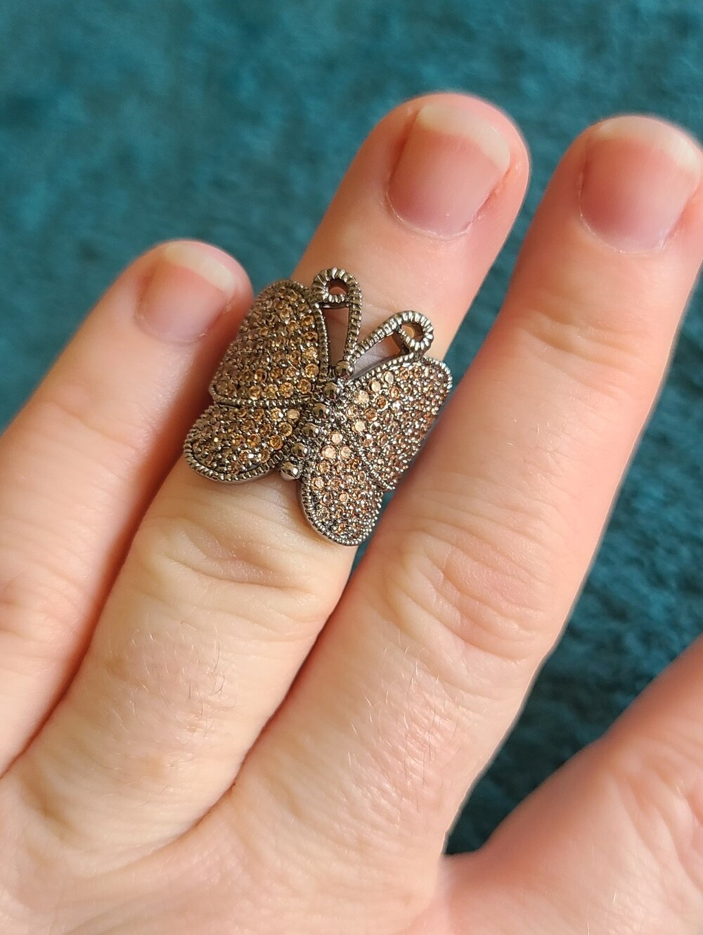 Vintage-Inspired Butterfly Statement Ring in Brown Crystal and Antique Silver